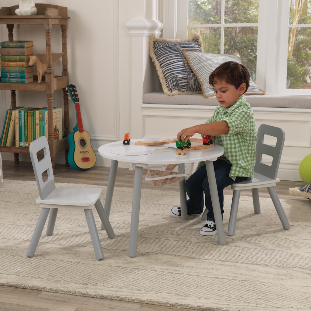 KIDKRAFT ROUND STORAGE TABLE & 2 CHAIRS SET - WHITE/GREY (26166)