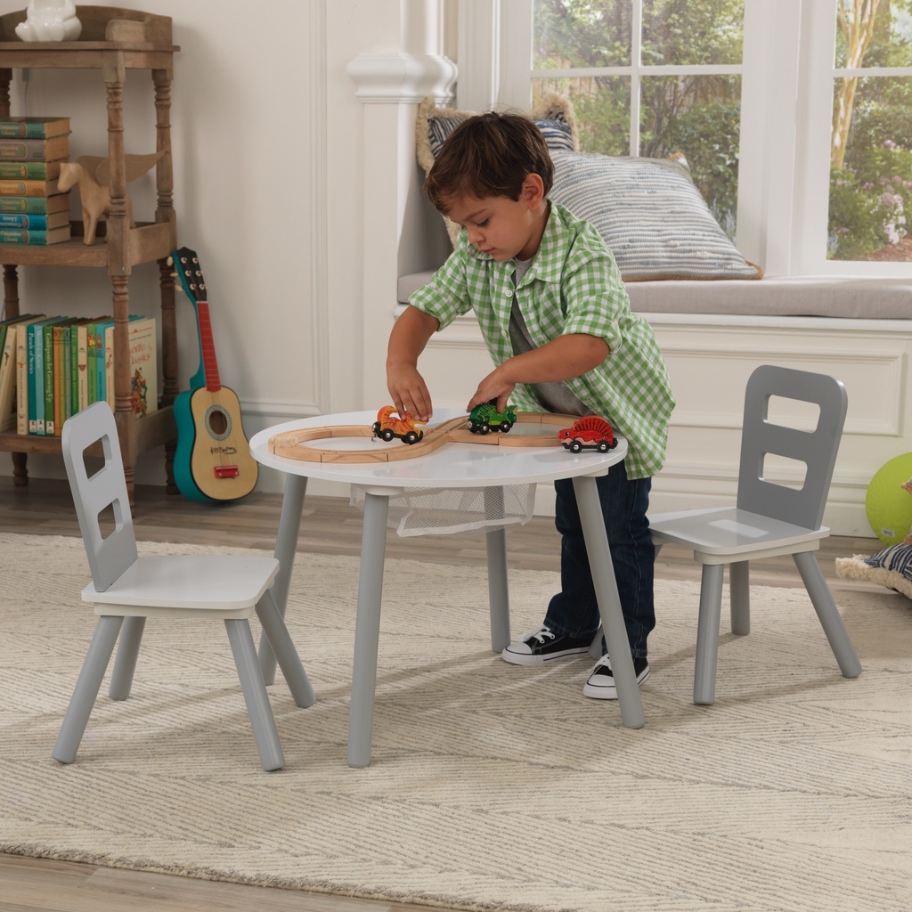 KIDKRAFT ROUND STORAGE TABLE & 2 CHAIRS SET - WHITE/GREY (26166)